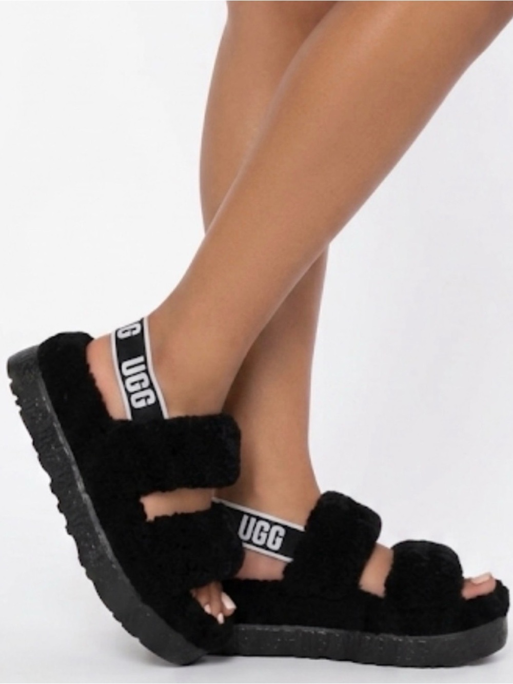 UGG Oh Fluffita Platform Slingback Slides Black Shearling Sandals Slippers Sz 7